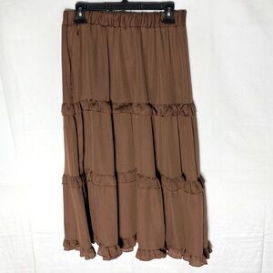 Romwe Brown Ruffled Tiered Midi Boho Peasant Skirt L